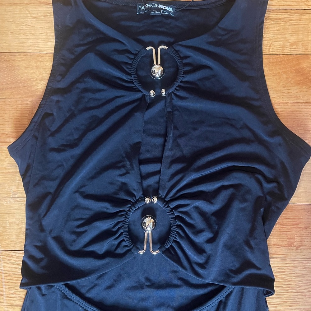 Fashion Nova Black Sleeveless Cutout Bodysuit with Ring Accents